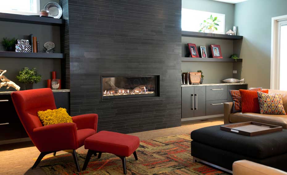 Contemporary Fireplace with smooth face Stone Veneer in Chicago