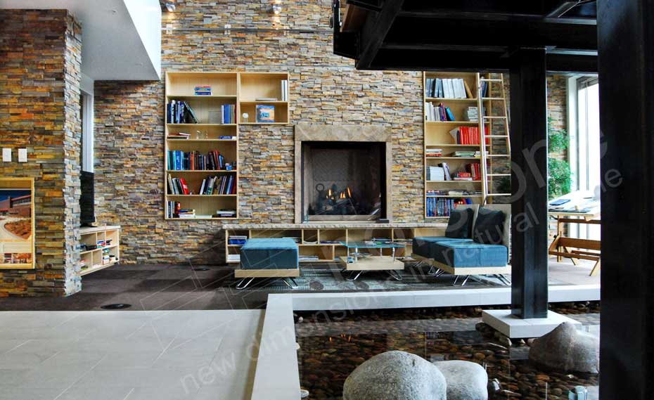 Stone Veneer Fireplace Wall in an architect lobby in Denver