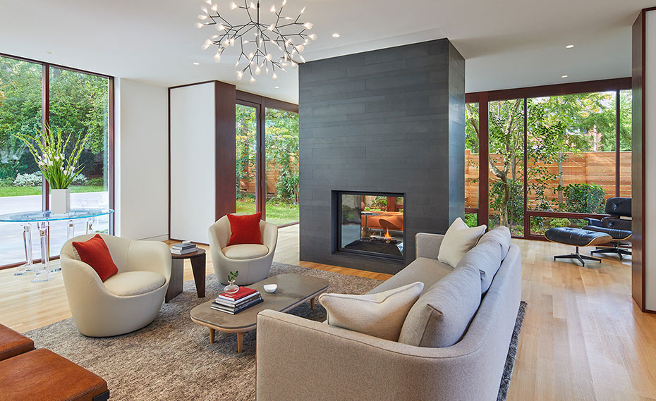 modern living room with fireplace and tv